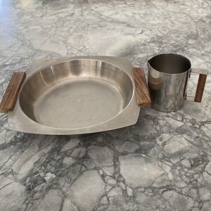 Vintage Stainless Steel Tray and Creamer with Teak Handles Made in Japan
